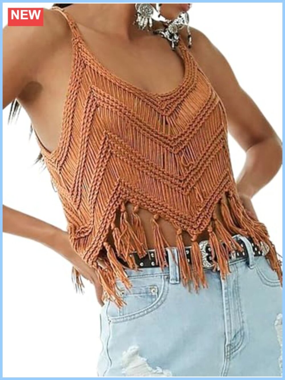 Crochet Fringe Cami Tank Top Sleeveless V-Neck Crop Bohemian